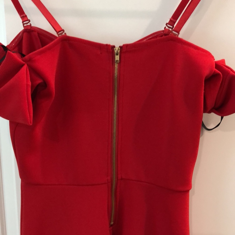 Red Material Girl Dress with Bow Sleeves, size S - Picture 5 of 7